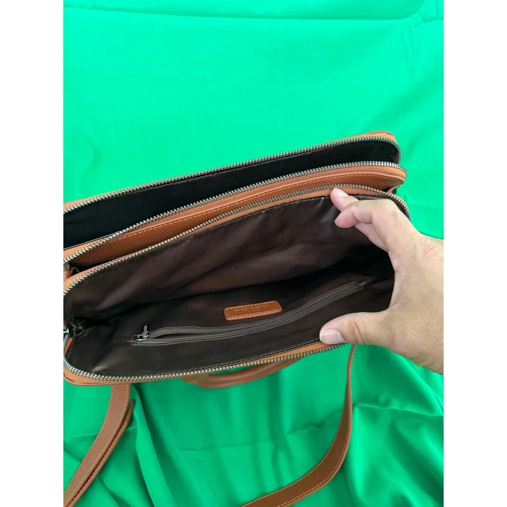 Heshe Brown Pebbled Leather Satchel Triple Compartment Crossbody Bag